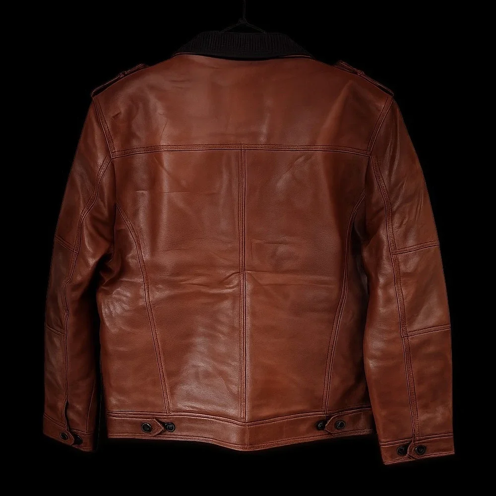 Men's Cognac Brown Real Leather Moto Biker Bomber Jacket Ribbed Collar Size L